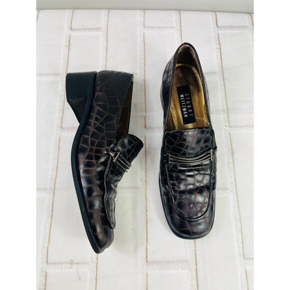 Stuart Weitzman Brown Crocodile Print Heel Loafers sz 7M - Picture 1 of 9